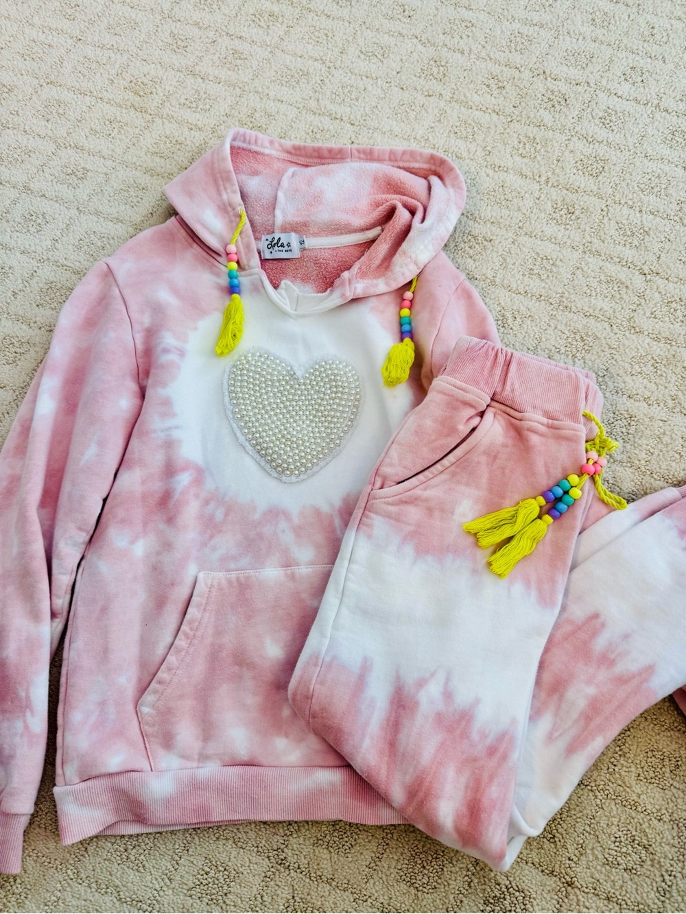 Lola and the Boys Pink & White Tie-Dye Hoodie + Jogger Set with Pearl Heart